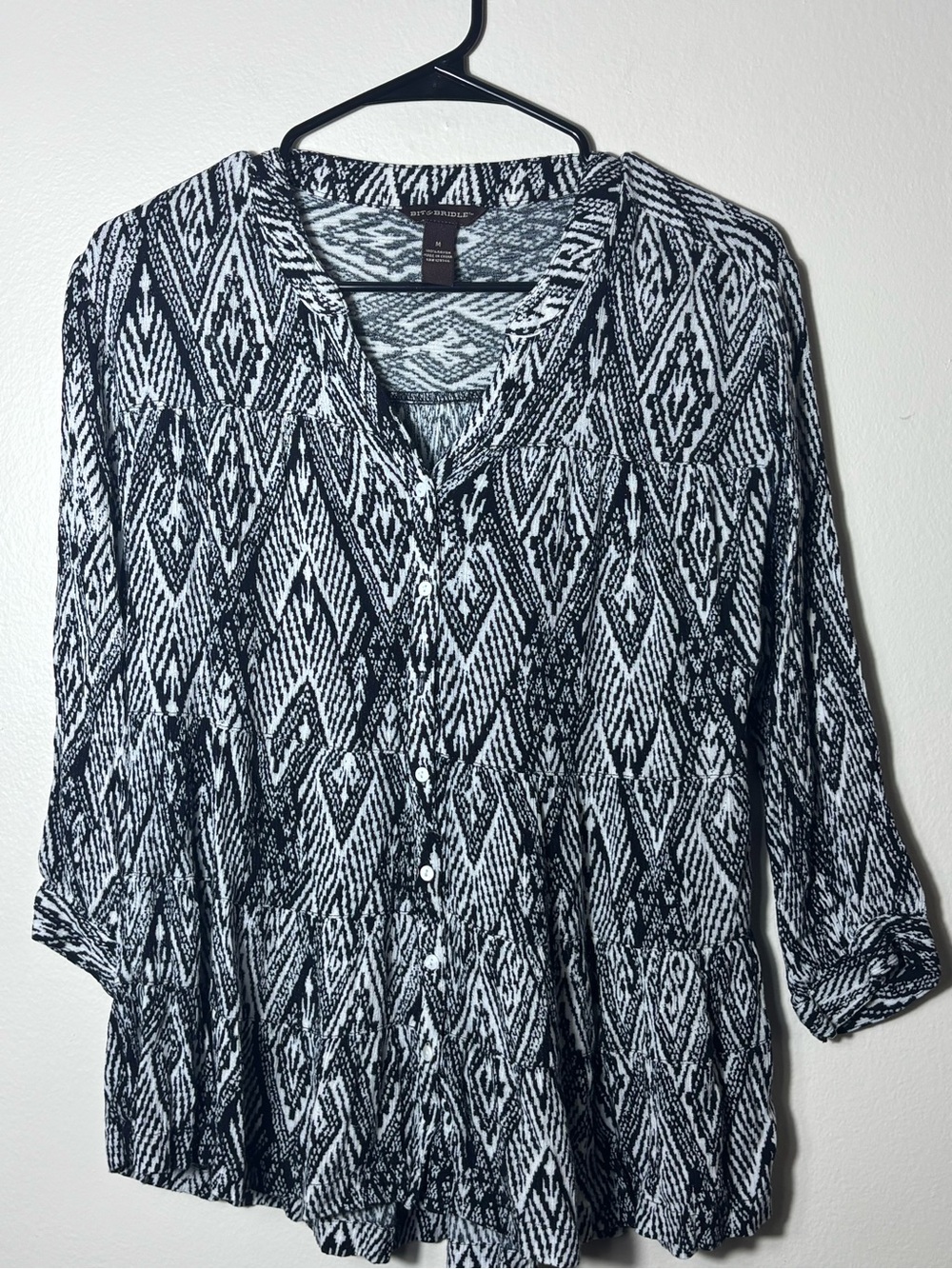 Brit & Bridle Bell-Sleeve Shirt Black White Women M Top Blouse Boho Casual